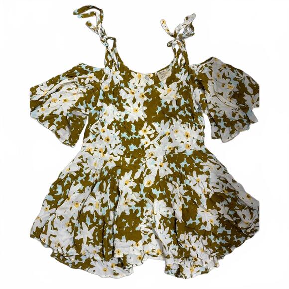 Free People Dresses & Skirts - Free People FP One Green Floral “Lucina” Cold Shoulder Boho Mini Dress- Size S